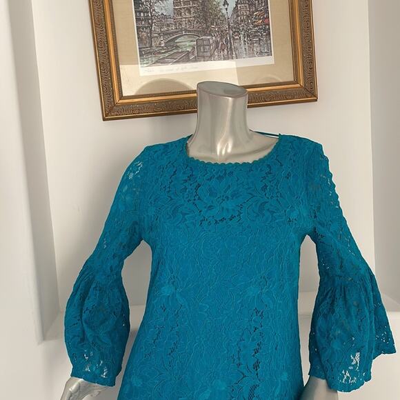 Laundry By Shelli Segal Bell Sleeve Lace A-Line Dress Blue Size 6 - Picture 7 of 14